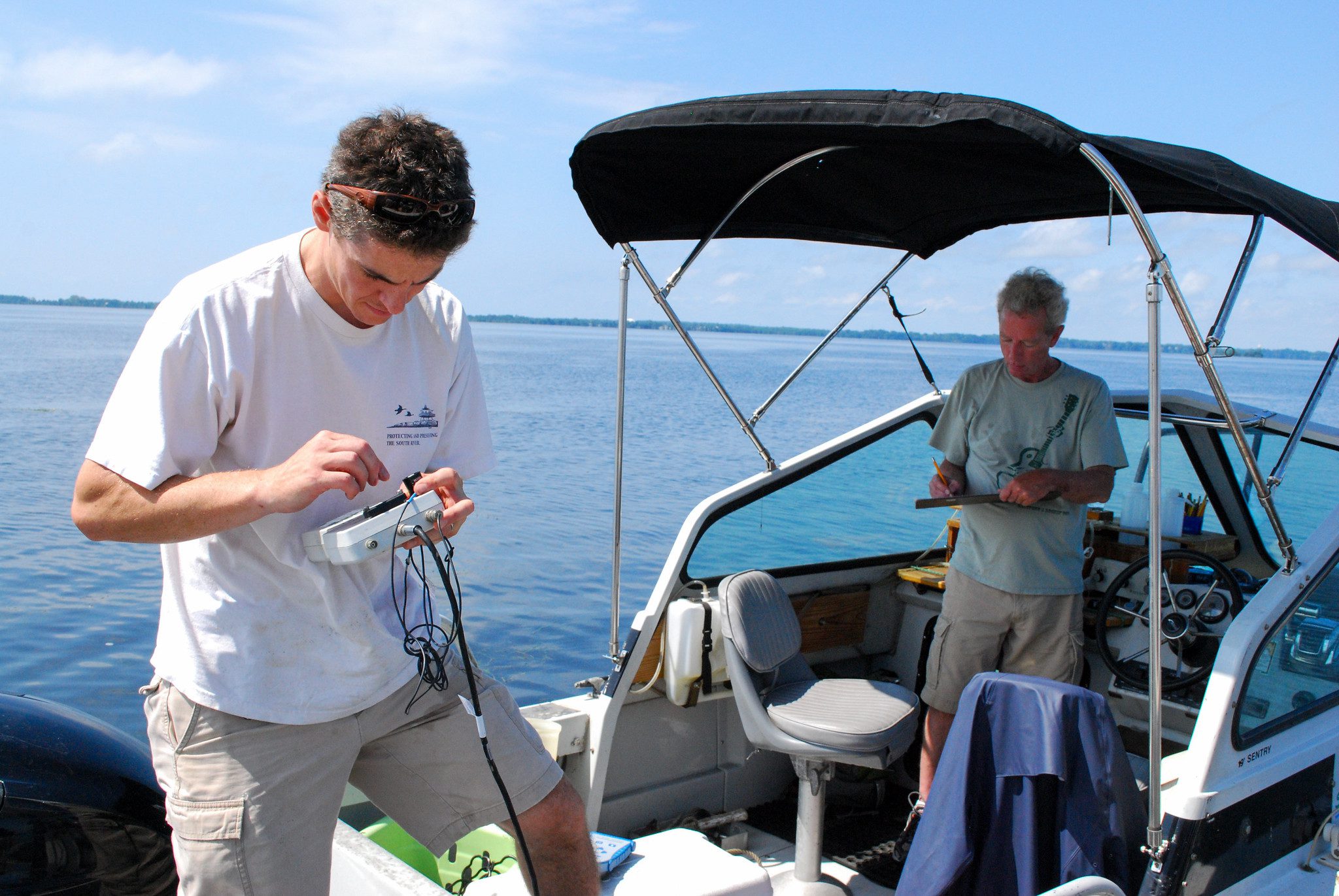 Scientists monitor water quality in the Chesapeake Bay.