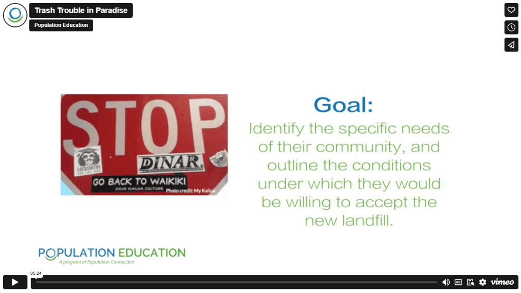 Video lesson plan of Trash Trouble in Paradise, teacher explains how to run the high school environmental justice activity