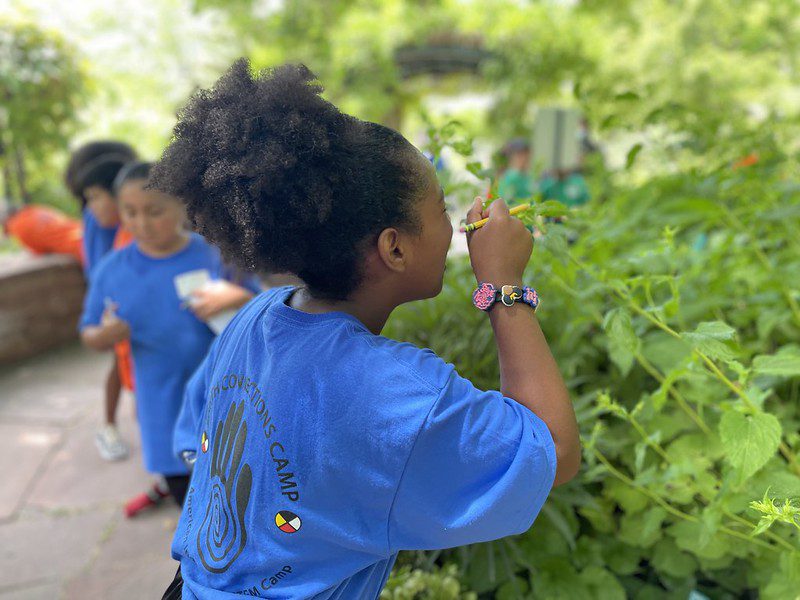 Young student exploring nature on urban school grounds