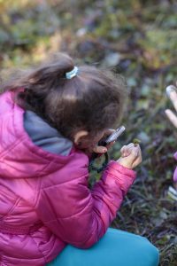 Elementary student using magnifying glass outdoors