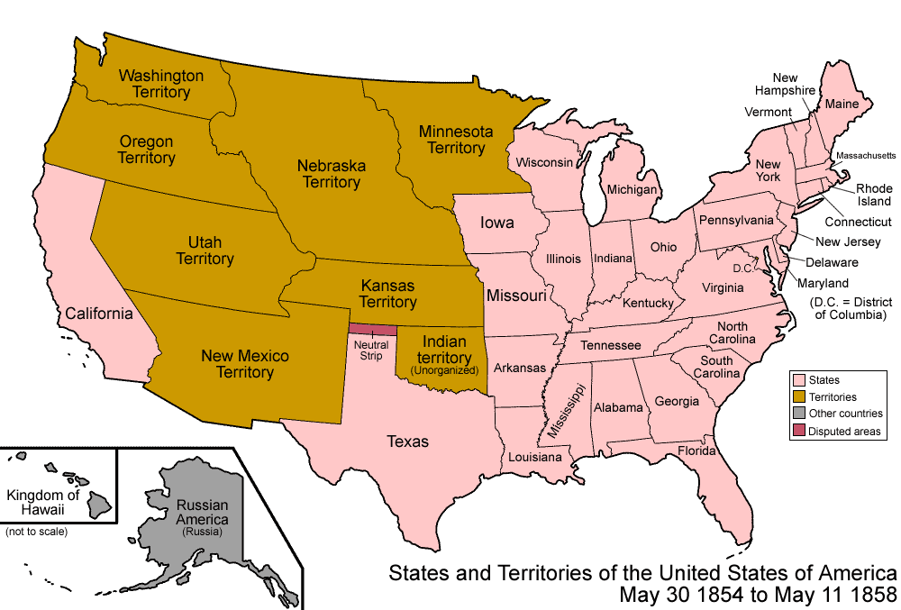 : Map of U.S. states and territories as they were from 1854-1858, during the political migration that led to Bleeding Kansas