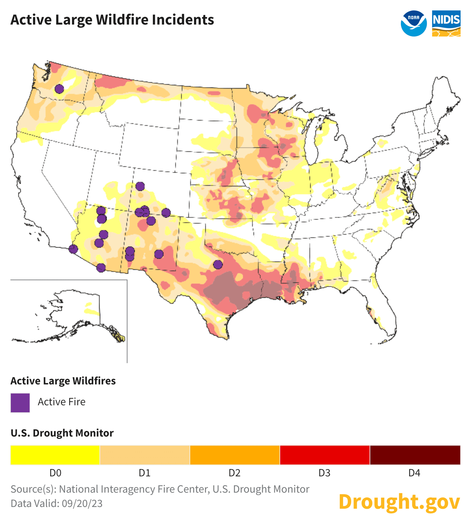 Map showing active large wildfires and areas of drought made worse by climate change.