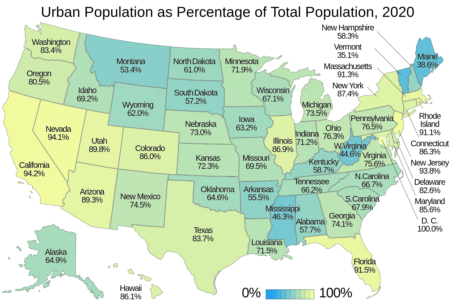 Map of the United States showing urban population as percentage of total population for each state