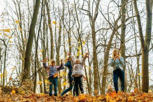 Four girls throw autumn leaves in a temperate deciduous forest.