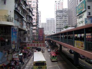 A street view in Mong Kok, Hong Kong. Mong Kok is the densest neighborhood in the world with 130,000 people per square kilometer.