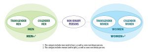 Infographic displaying data aggregation to a two-category gender variable with Male+ and Female+ categories, with non-binary people split between both.