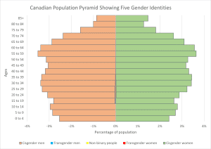 Canadian population pyramid from the 2021 census showing 5 gender identities (cisgender men, transgender men, non-binary people, transgender women, and cisgender women)