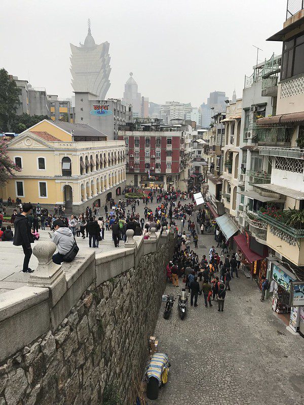 A photo from the ruins of St Paul Cathedral, a busy spot in the densely populated neighborhood of Santo António in Macau.