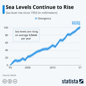 Graph showing that sea levels rose 10 cm between 1993 and 2021, according to NASA data