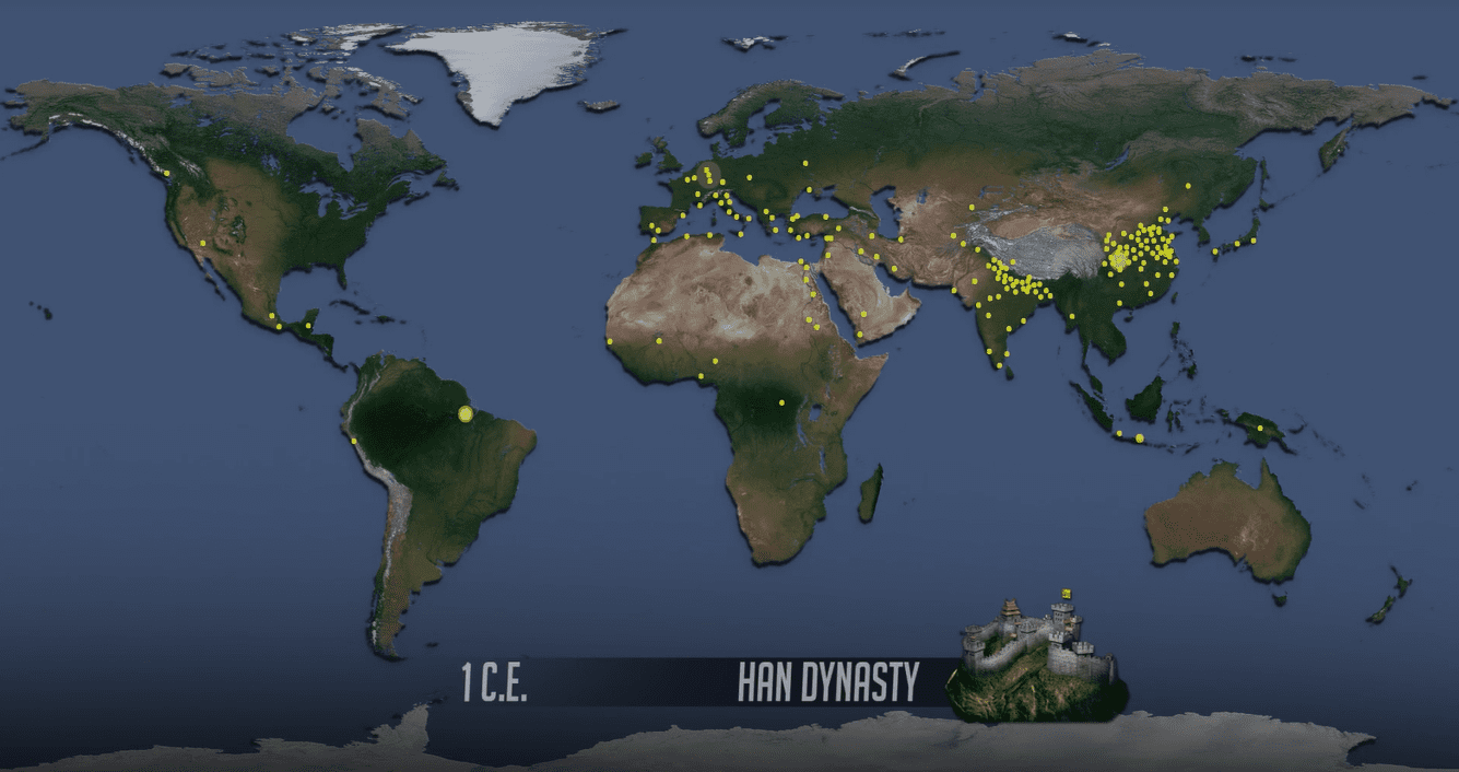 In 1 C.E., the World Population "dot" video shows two major population agglomerations in India and China.