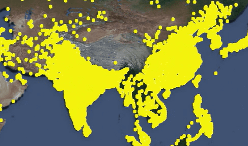 The World Population "dot" video shows how the Himalayan Mountains are a natural geographic boundary of human population distribution.