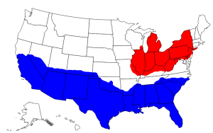 A map of the US with the Rust Belt highlighted in red and the Sun Belt highlighted in blue.