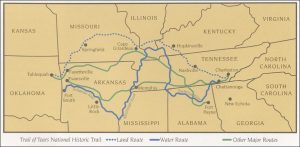 Map shows the historic route of the Trail of Tears, the forced displacement of five Indigenous tribes (60,000 people) from 1830-1850.