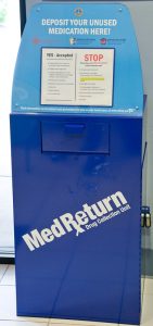 A drug take-back box allows people to dispose of medicine properly to reduce pharmaceutical pollution.