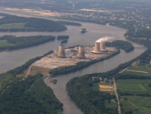 Three Mile Island, a nuclear power plant that experienced a partial meltdown in 1979.