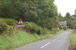 A road sign cautions drivers to look out for red squirrels, whose habitat has been bisected by the roadway.