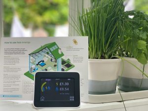 A tablet displays energy use for a home. In the background, there is a brochure called “How to use less energy” and two potted plants.