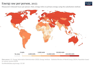 A choropleth map of the world shows energy use per person in 2023.