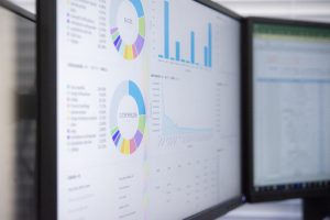 Computer screen showing data visualized as pie charts and line graphs.
