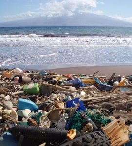 Plastic litter on a beach with the ocean in the background.