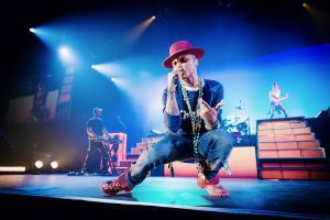 Pharrell Williams, an advocate for sustainable fashion, performs onstage.