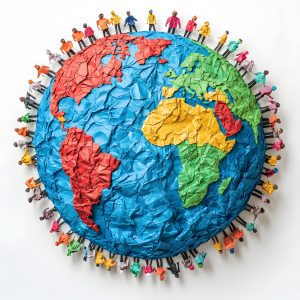 Made with colorful crumpled paper, an image of Earth with many people standing on the surface in a circle.