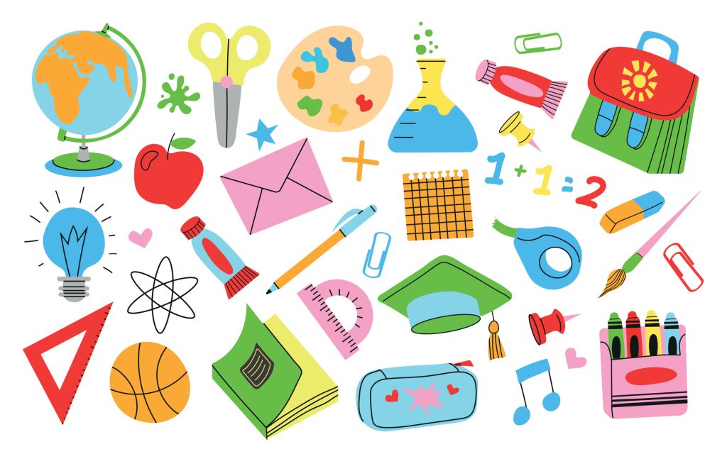 Fun, colorful drawings representing different school subjects.