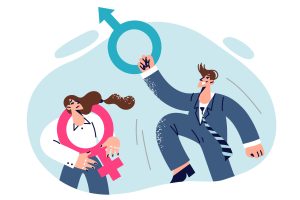 An illustration on gender equality where a man holds a male symbol over a woman's head, while the female symbol rests around her neck.
