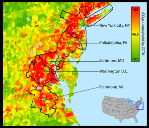 A choropleth map of metropolitan areas on the east coast. The densest areas of the cities have lower carbon emissions than the national average but the surrounding suburbs and exurbs have significantly higher carbon emissions than the national average.