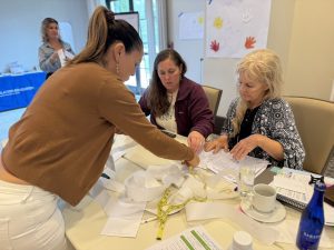 Trainers, including Dr. Roberts on the right, at PopEd's Leadership Institute making a population timeline from the lesson Oh, How We've Grown.
